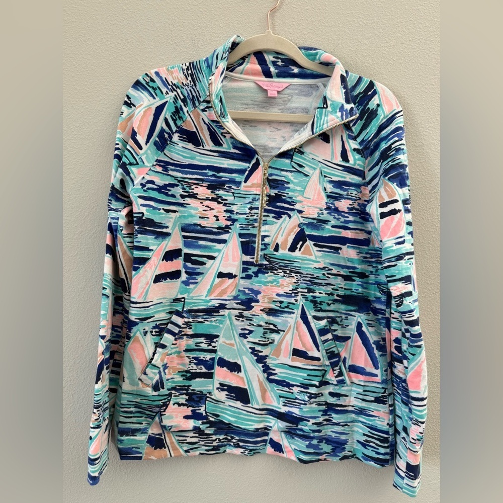 Lilly Pulitzer Skipper Popover Pier Pressure Sailboat print Quarter Zip Small - Picture 7 of 8